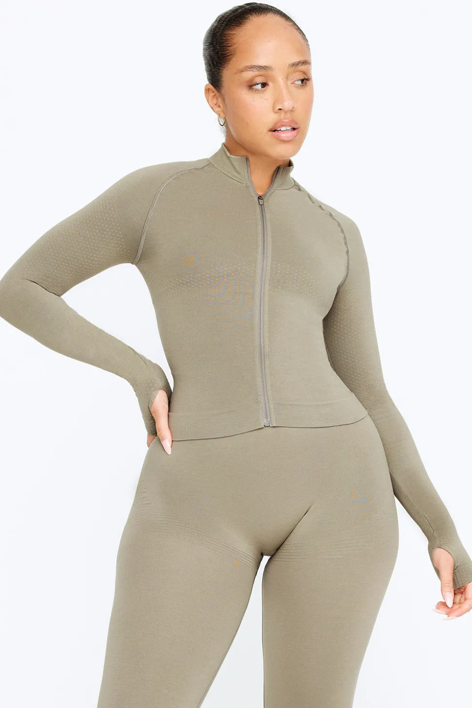 Sculpt Seamless Mock Neck Zip Through Jacket- Olive Marl