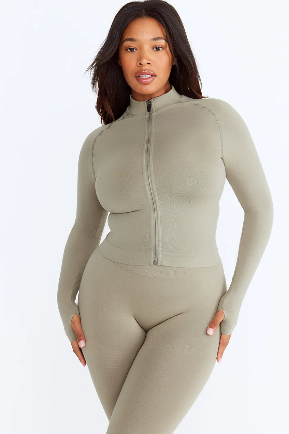 Sculpt Seamless Mock Neck Zip Through Jacket- Olive Marl
