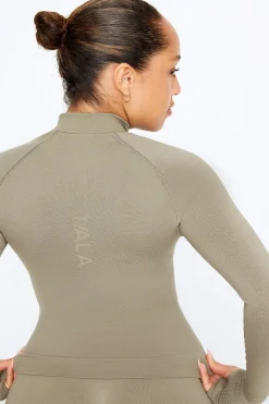 Sculpt Seamless Mock Neck Zip Through Jacket- Olive Marl