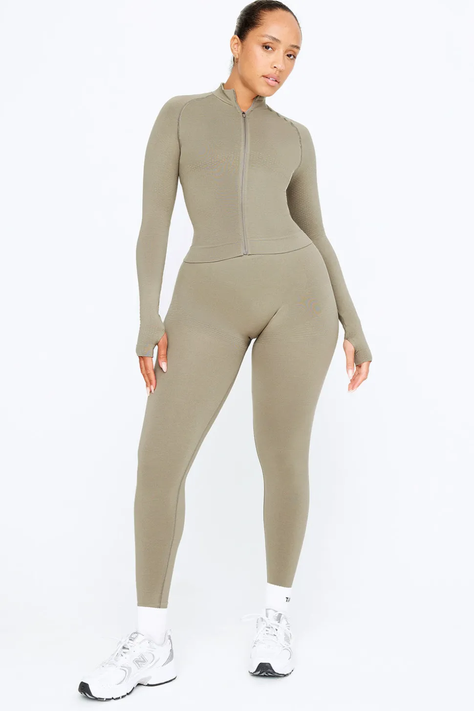 Sculpt Seamless Mock Neck Zip Through Jacket- Olive Marl