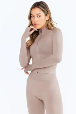 Sculpt Seamless Mock Neck Zip Through Jacket- Pebble Marl