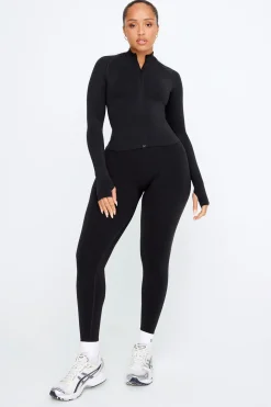 Sculpt Seamless Mock Neck Zip Through Jacket- Black Marl