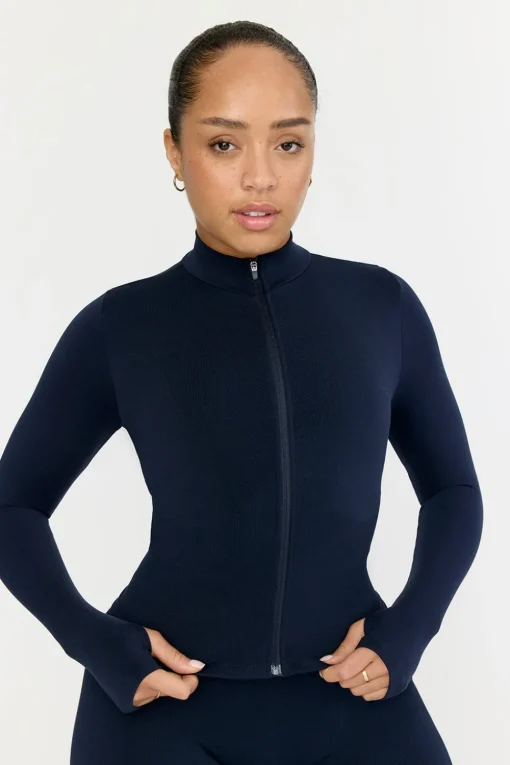 Sculpt Seamless Ribbed Zip Through Jacket- Navy Marl