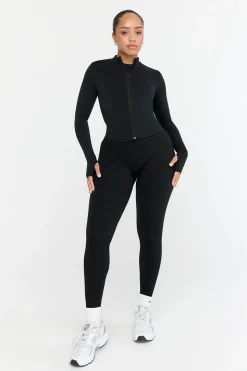 Sculpt Seamless Ribbed Zip Through Jacket- Black Marl