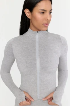 Sculpt Seamless Ribbed Zip Through Jacket- Light Grey Marl