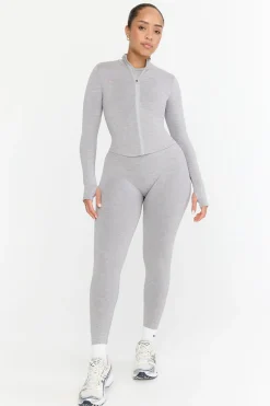 Sculpt Seamless Ribbed Zip Through Jacket- Light Grey Marl