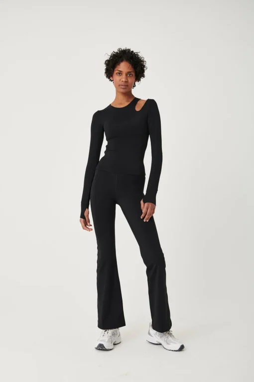 SkinLuxe Cut Out Shoulder Long Sleeve Top - Shadow Black