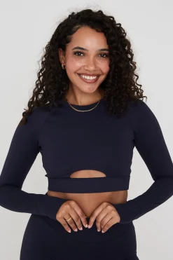 SkinLuxe Long Sleeve Crop Keyhole Top - Navy