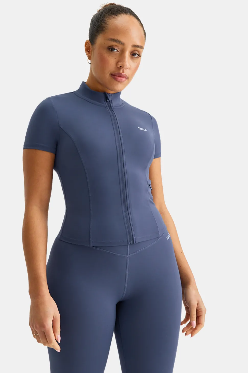 SkinLuxe Zip Through Short Sleeve Running Top - Vintage Blue