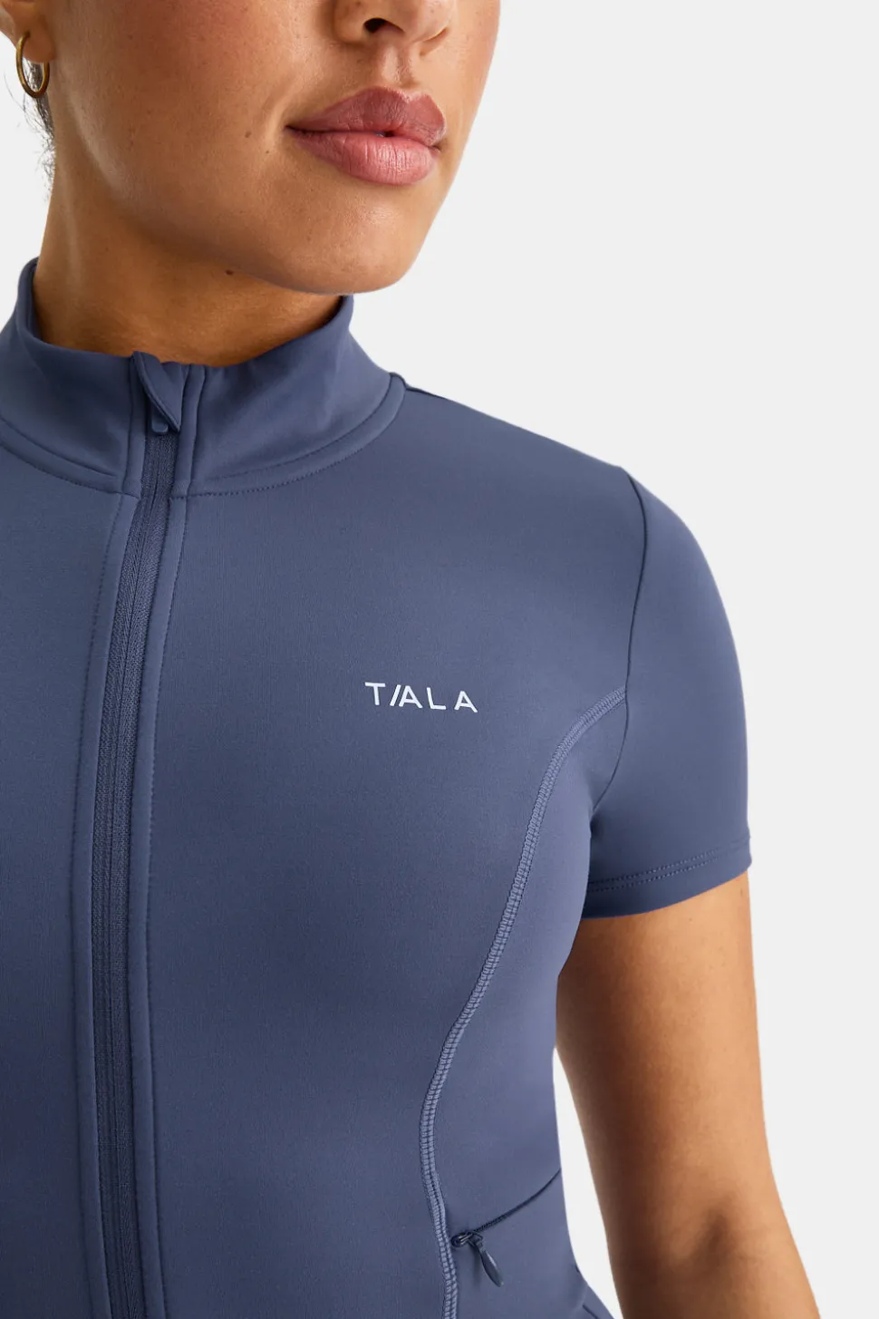 SkinLuxe Zip Through Short Sleeve Running Top - Vintage Blue