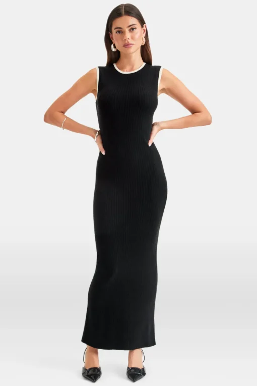 Sleeveless Contrast Ribbed Knit Maxi Dress - Black And Buttermilk