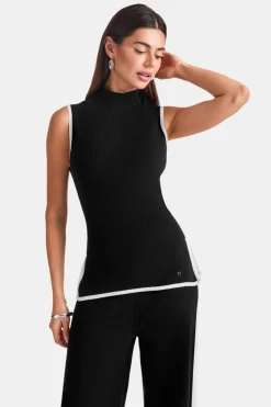 Sleeveless Mock Neck Ribbed Knit Tank - Black And Buttermilk