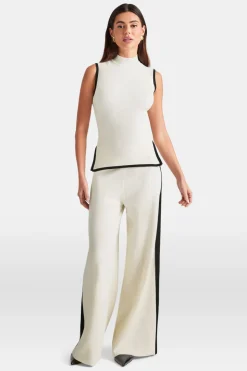 Sleeveless Mock Neck Ribbed Knit Tank - Buttermilk And Black