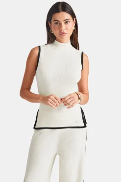 Sleeveless Mock Neck Ribbed Knit Tank - Buttermilk And Black