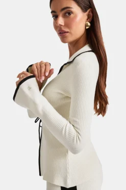Slim Fit Long Sleeve Ribbed Knit Tie Top - Buttermilk And Black
