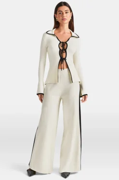 Slim Fit Long Sleeve Ribbed Knit Tie Top - Buttermilk And Black