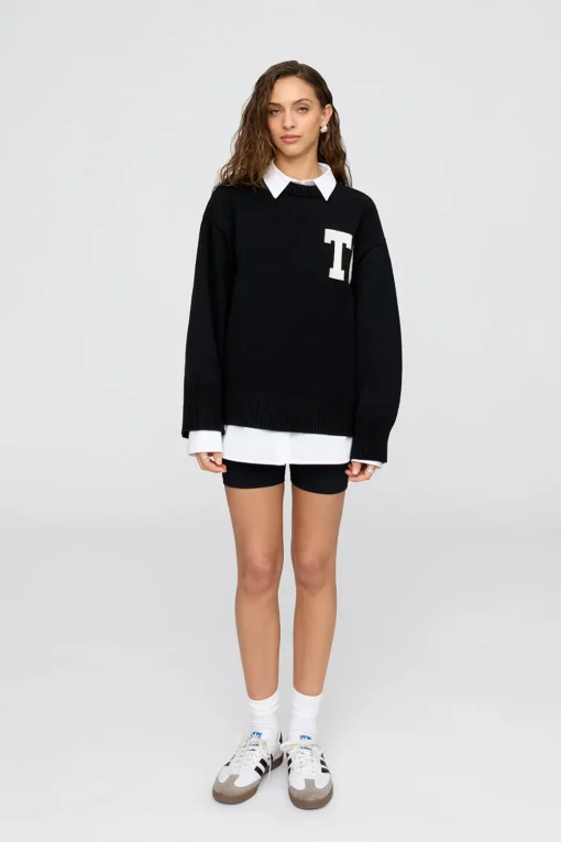 T Logo Knit Sweater - Black And Milk