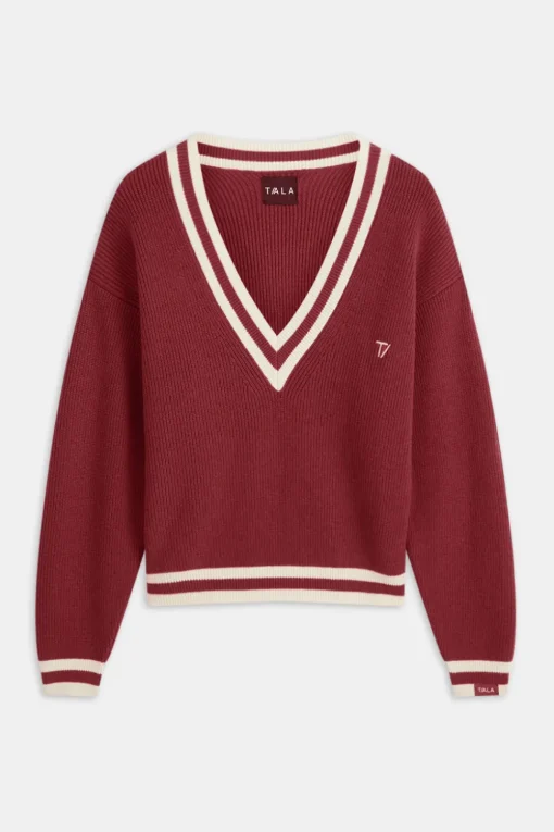 V Neck Knitted Cricket Jumper - Vintage Red & Ivory