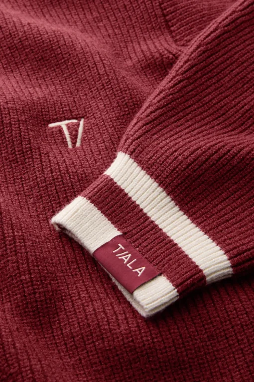 V Neck Knitted Cricket Jumper - Vintage Red & Ivory