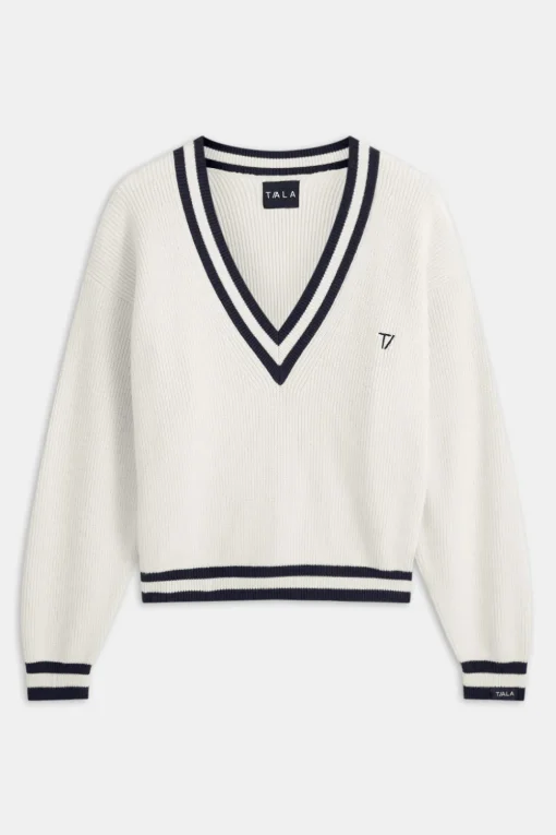 V Neck Knitted Cricket Jumper - Ivory & Midnight Navy