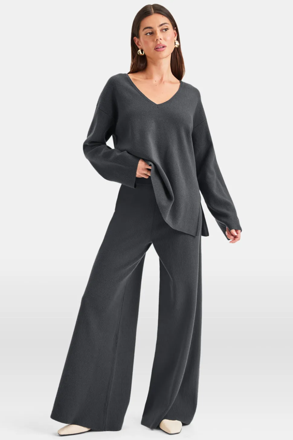 Wide Leg Contrast Ribbed Knit Trousers - Charcoal