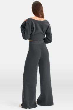 Wide Leg Contrast Ribbed Knit Trousers - Charcoal