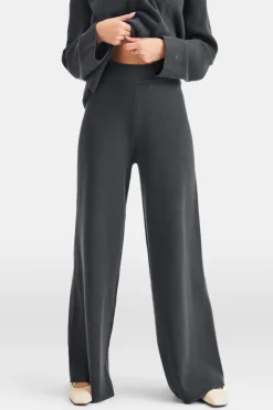 Wide Leg Contrast Ribbed Knit Trousers - Charcoal