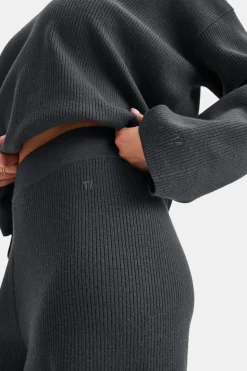 Wide Leg Contrast Ribbed Knit Trousers - Charcoal