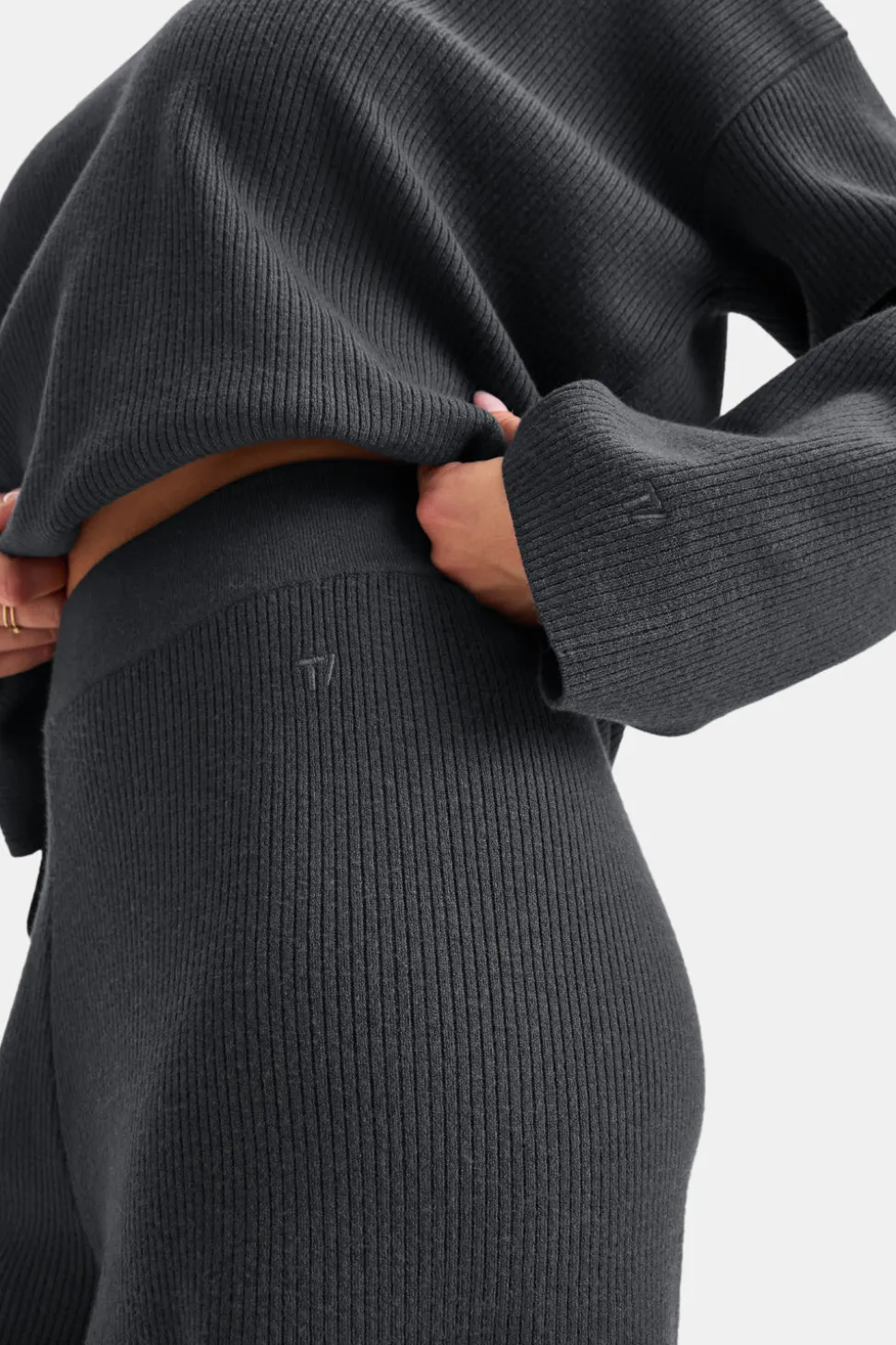 Wide Leg Contrast Ribbed Knit Trousers - Charcoal