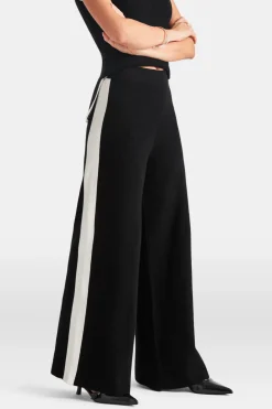 Wide Leg Contrast Ribbed Knit Trousers - Black And Buttermilk