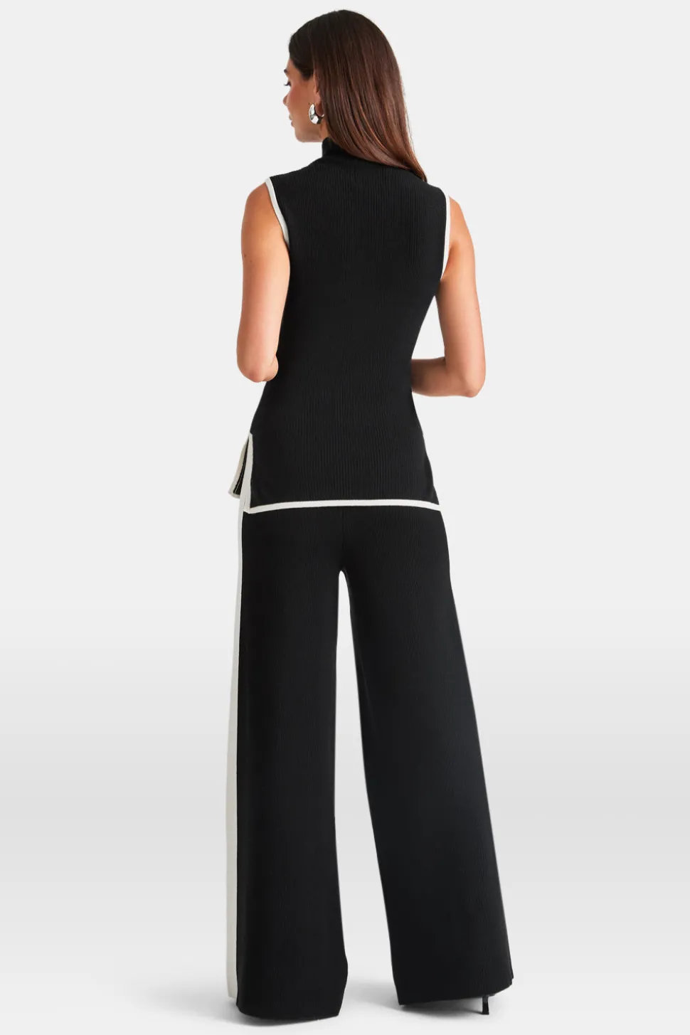Wide Leg Contrast Ribbed Knit Trousers - Black And Buttermilk