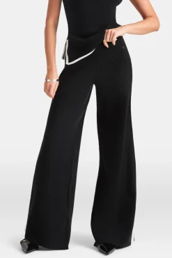 Wide Leg Contrast Ribbed Knit Trousers - Black And Buttermilk