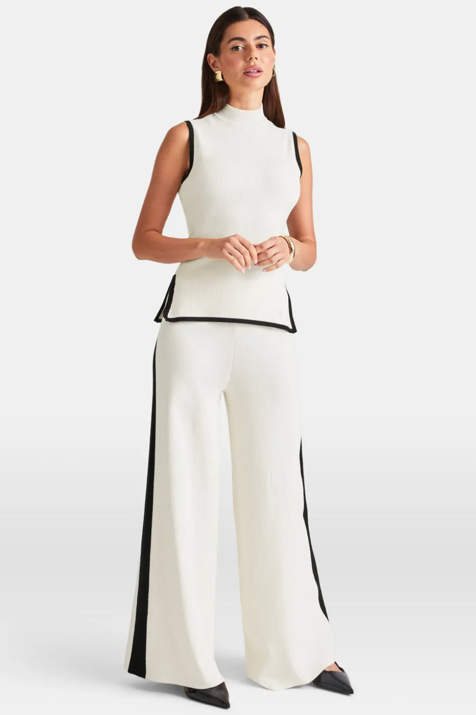 Wide Leg Contrast Ribbed Knit Trousers - Buttermilk And Black