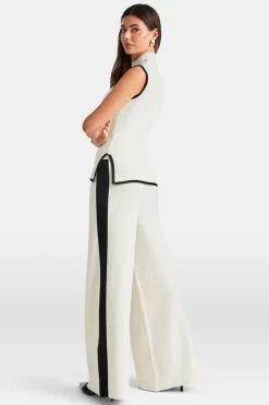Wide Leg Contrast Ribbed Knit Trousers - Buttermilk And Black