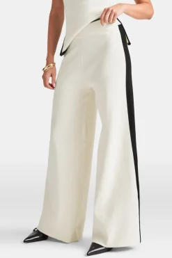 Wide Leg Contrast Ribbed Knit Trousers - Buttermilk And Black